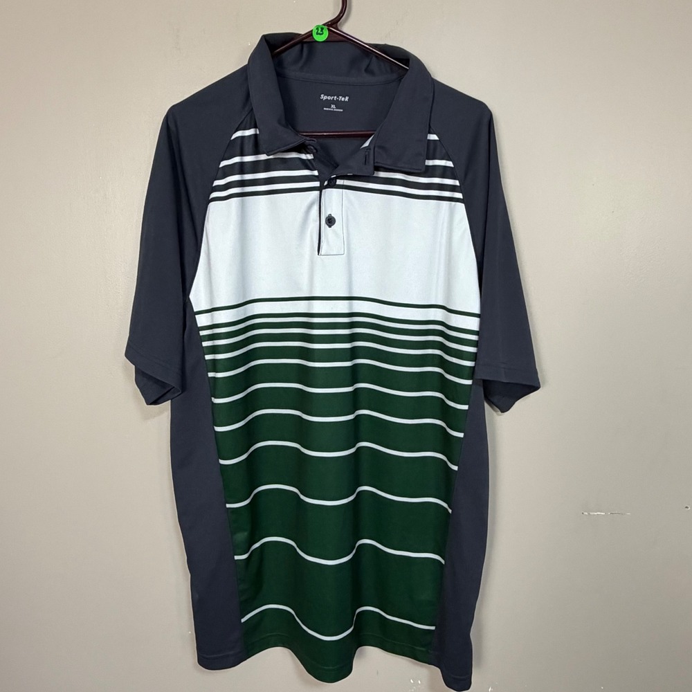 Sport-Tek Mens XL ST600 Polo Shirt Colorblock Striped Green Grey White Golf Top